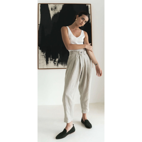 Lu-Ciee Tapered Suiting Linen Trouser Natural Brown Medium NEW - Picture 1 of 16
